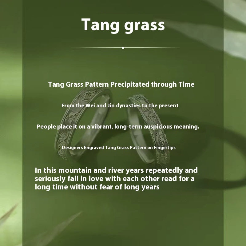 S925 Sterling Silver Tangcao Couple Special-interest Design Creative Rolling Grass Pattern Opening Couple Rings