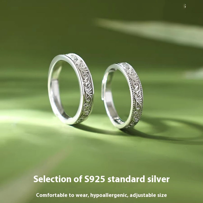 S925 Sterling Silver Tangcao Couple Special-interest Design Creative Rolling Grass Pattern Opening Couple Rings