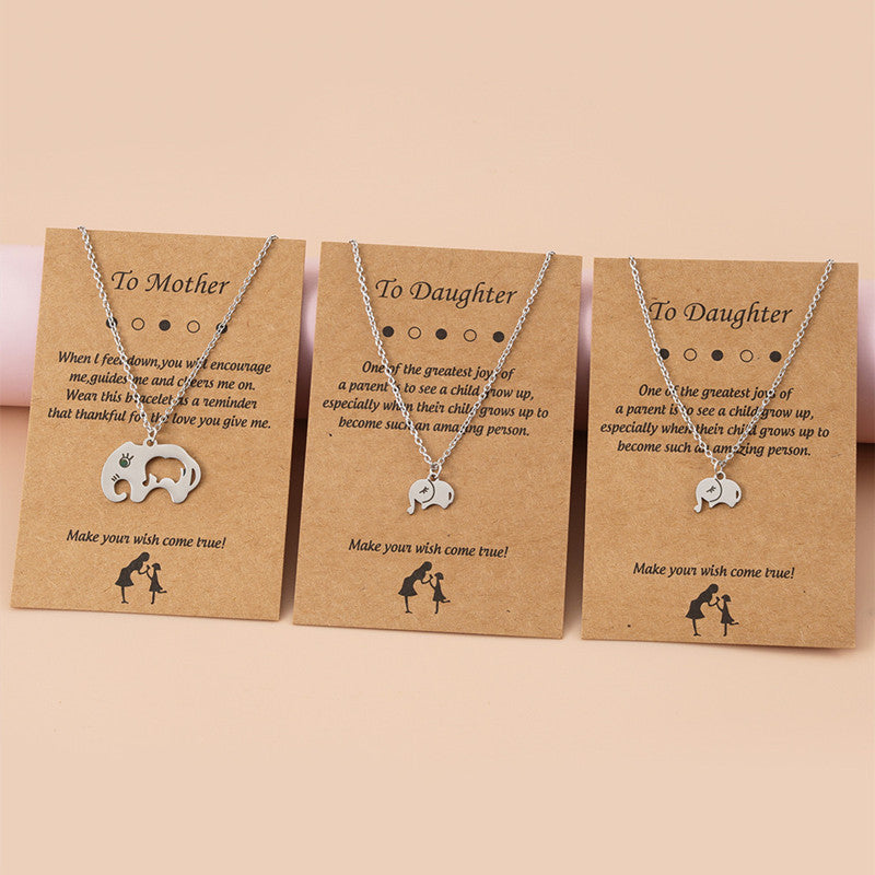 O-type Chain With Stainless Steel Elephant Mother's Day Parent-child Card Necklace Three-piece Set
