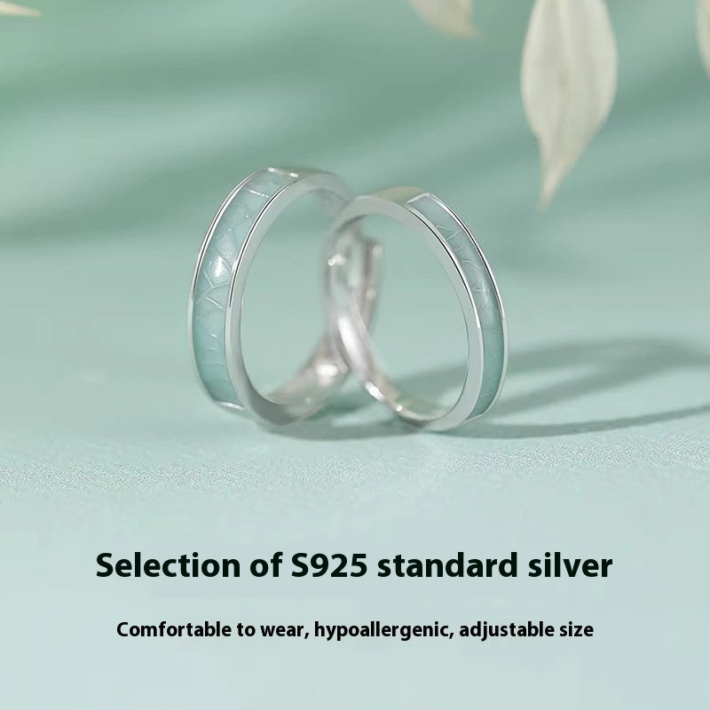 Blue And White Porcelain S925 Sterling Silver Couple's Ring Pair Special-interest Design High-grade Opening