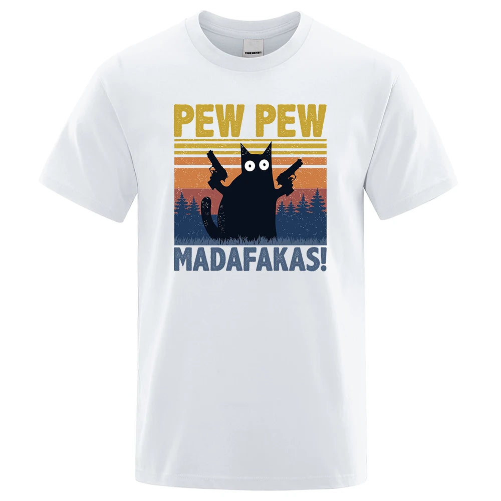Pew Pew Madafakas Tshirt Men Short Sleeve Novelty Funny Cat T Shirt Cotton Oversize Tops Shirts Tee T-Shirt Crew Neck Streetwear