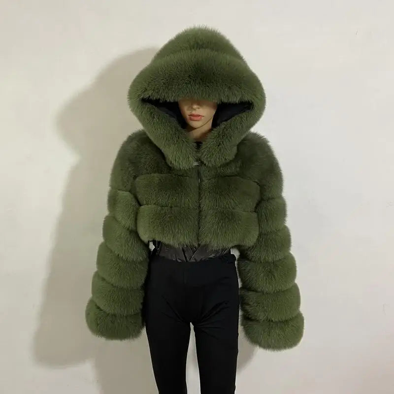 BEIZIRU Winter Women Real Fox Fur Coat Hooded Red Fox Raccoon Zipper Top Luxury Natural Girl Jackets