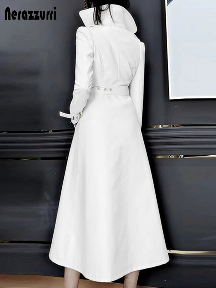 Nerazzurri Spring Runway White Long Leather Trench Coat for Women Long Sleeve Elegant Luxury fashion Womens Coats