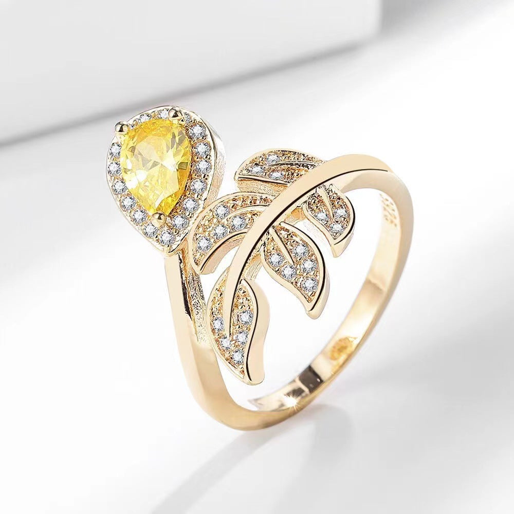 High-grade Zircon Ring Ins Fashion Shining Leaves Gang Drill