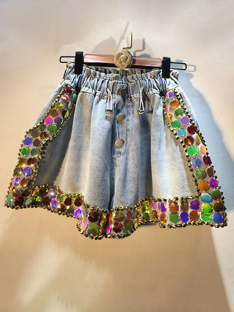 DEAT Women's Denim Shorts Loose Elastic Waist Rivet Colorful Big Sequins Wide Leg Short Jeans Autumn New Fashion
