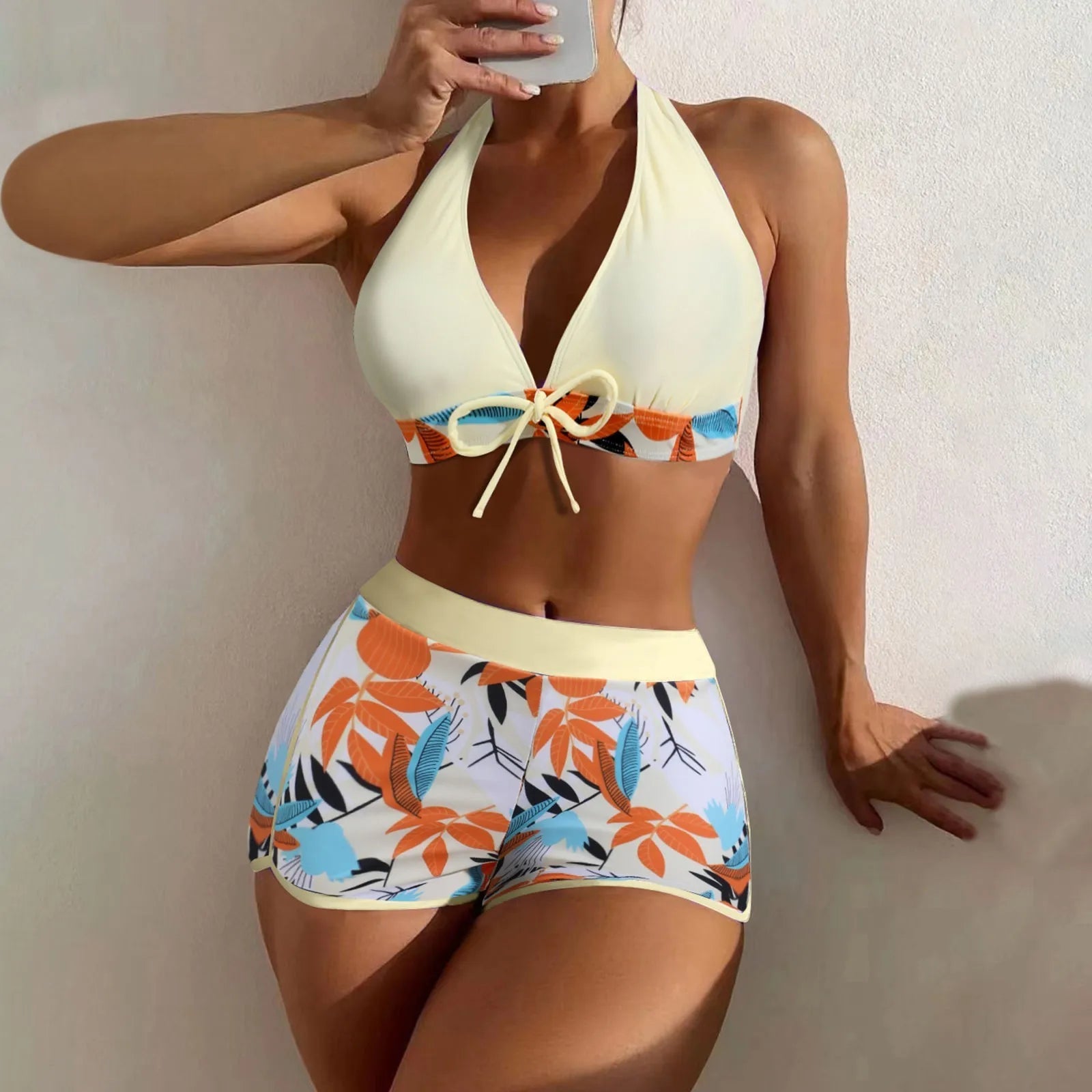 Women's Paneled Printed Swimsuit Ladies Fashion Sexy Split Boxer High Waist Swimsuit Two-Piece Set V-Neck Bathing Suits Female