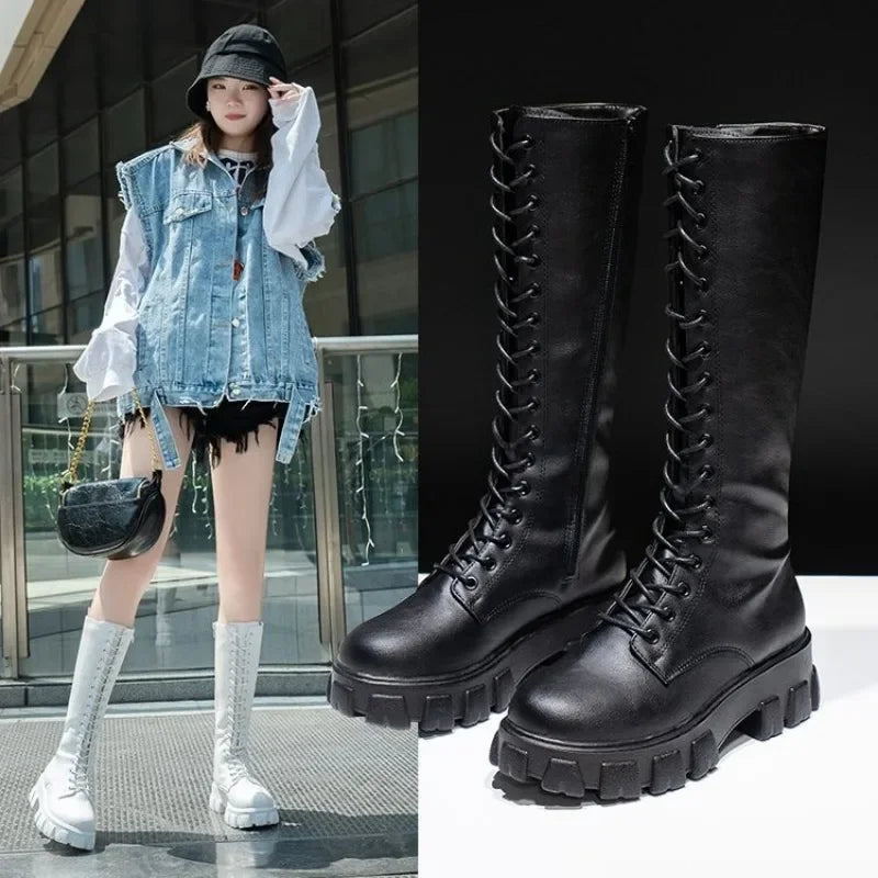 Women's Mid Calf Boots Padded Shoes Knee High Winter Sneakers Punk Style Military Casual White Black