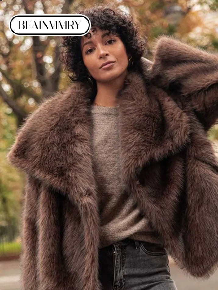 Women's Retro Lapel Long Sleeved Buttons Faux Fur Coats Winter Thick Warm Solid Color Fury Jacket Female High Street Outerwear