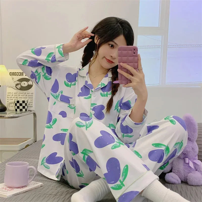 Women's Star Print Pajamas Set Long Sleeve Top And Long Pants Sleepwear 2 Piece Set For Women Autumn Casual Home Loose Pajamas