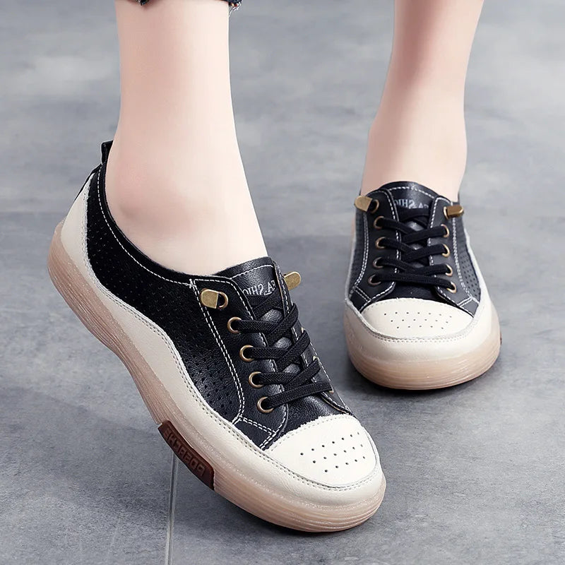 Women Flat Shoes Summer Breathable Cutout Casual Shoes Ladies Soft Bottom Genuine Leather Flats White Shoes Woman