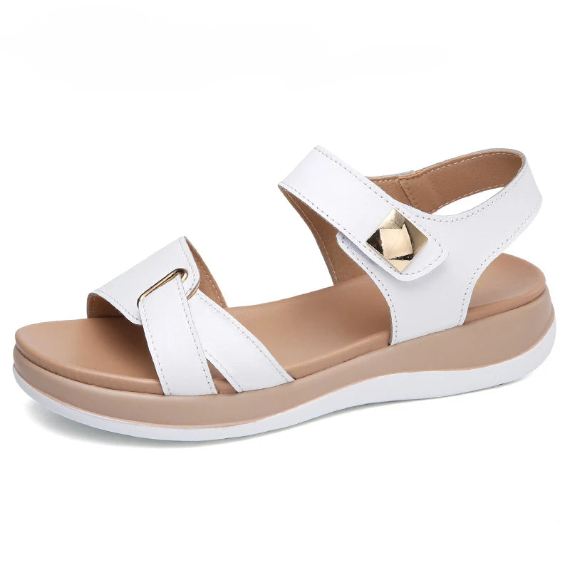 Women Female Ladies Mother Genuine Leather Shoes Sandals Flats Soft Hook Loop Korean Bling Summer Beach Size 35-40