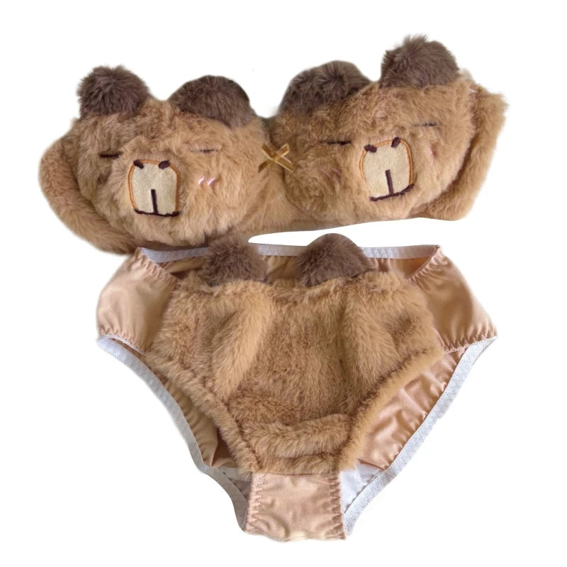 Women's 2Pcs Furry Bra and Panty Set Bear Pattern Fuzzy Plush Wireless Brassiere Underwear Japanese Anime Lingerie