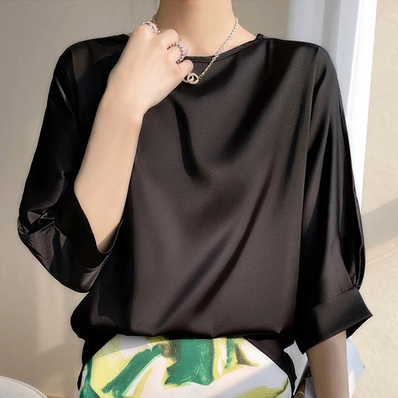 New In Summer Satin Silk Half-Sleeve Tee Tops Basic Solid Casual O-neck Thin Shirts Ladies Loose Blouses