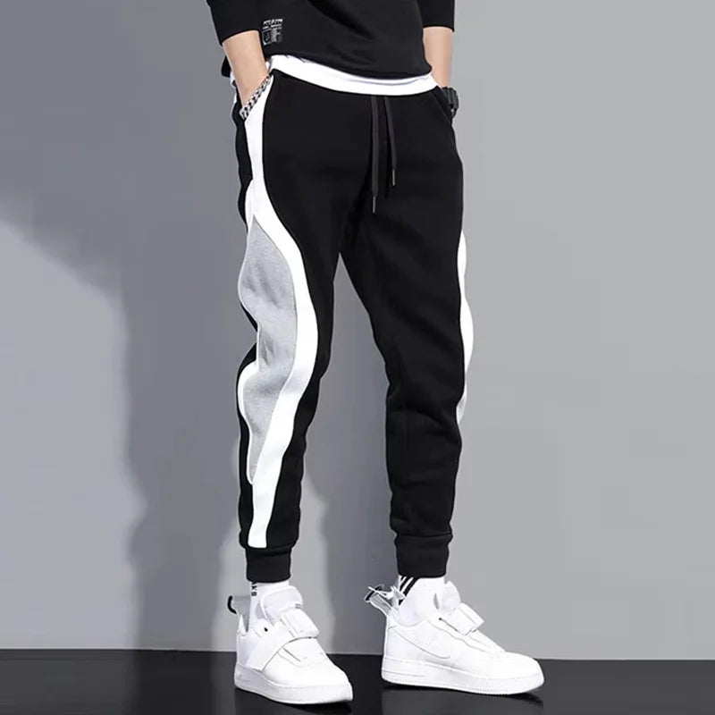 Autumn Men's Wide Loose Casual Pants Mens Patchwork Nine-point Sports Elastic Rope Breathable Tie-foot Trousers