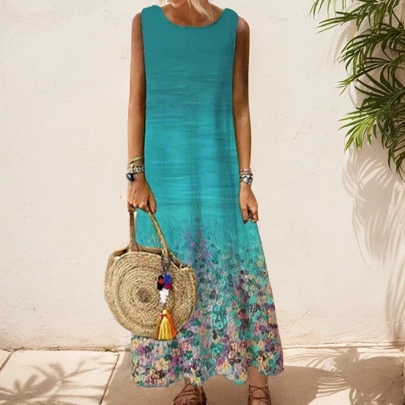 Elegant Printed O-Neck Sleeveless Women Dress Fashion Summer Loose Casual Beach Long Dresses Ladies Boho Maxi Dress Vestidos