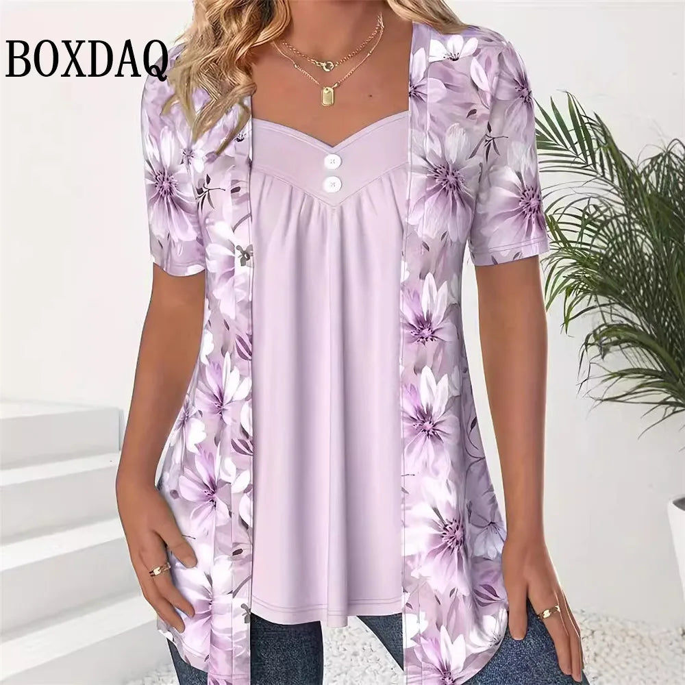 New Women T-Shirts Fashion Elegant Lady Two Pieces Flower Print Shirts Casual Short Sleeve Button Loose Tops Plus Size
