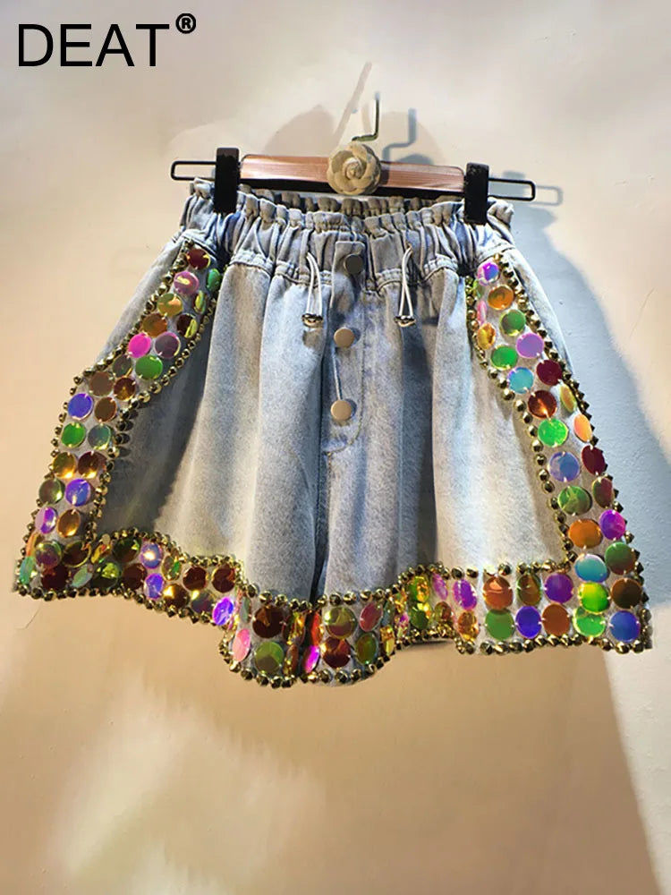 DEAT Women's Denim Shorts Loose Elastic Waist Rivet Colorful Big Sequins Wide Leg Short Jeans Autumn New Fashion