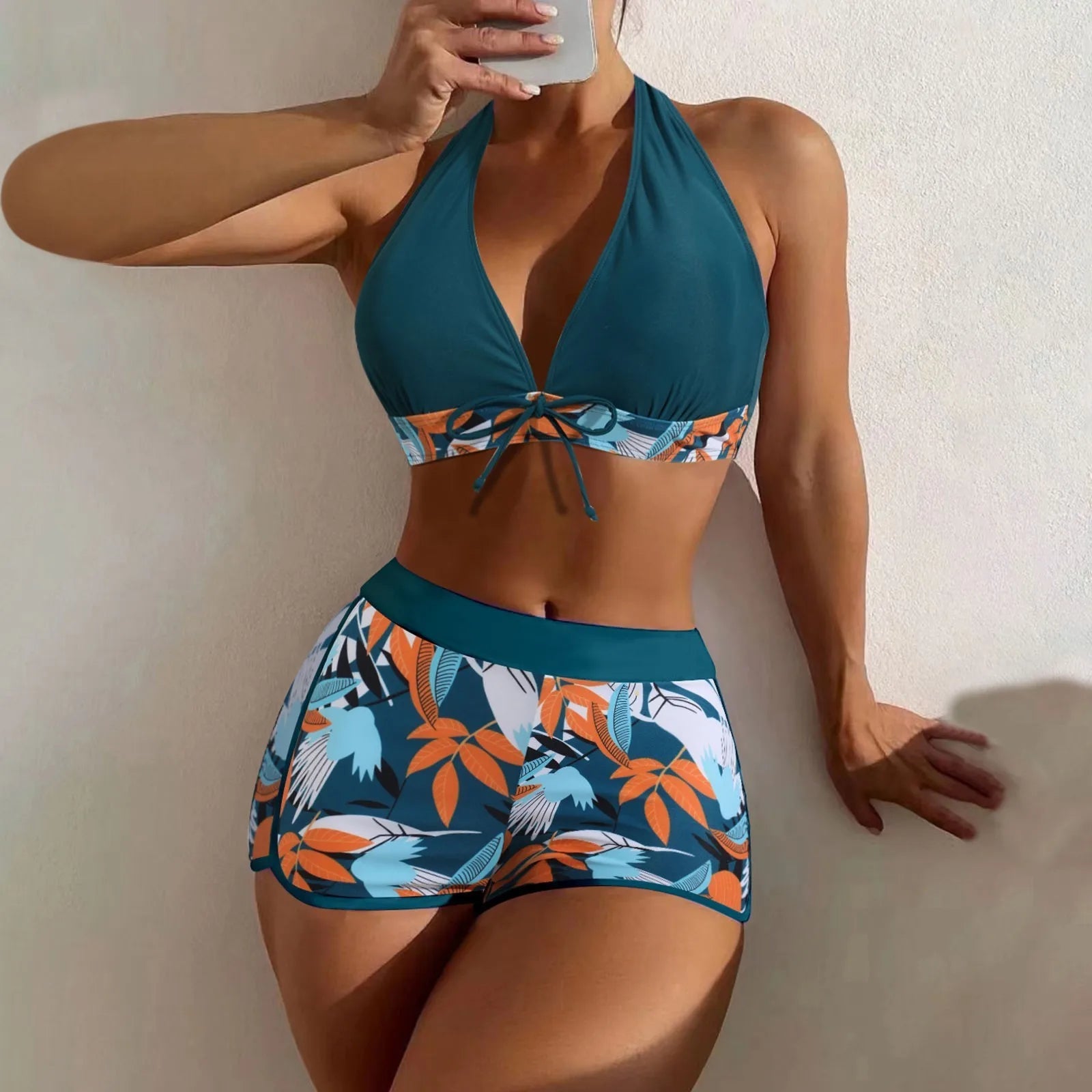 Women's Paneled Printed Swimsuit Ladies Fashion Sexy Split Boxer High Waist Swimsuit Two-Piece Set V-Neck Bathing Suits Female