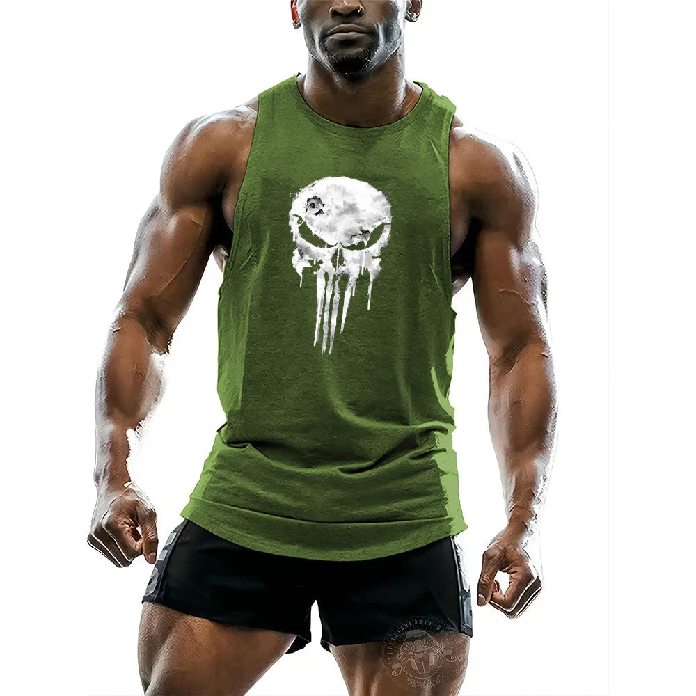 y2k Gym Fashion Sports Running Shirt Vest Men's Fitness Outdoor Running New Skull print White muscle fit vest tops