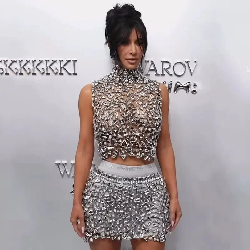 High Quality Sparkling Diamonds Sexy See Through Blackless Tank Top And Skirt 2 Pieces Woman Set Birthday Party Vestido