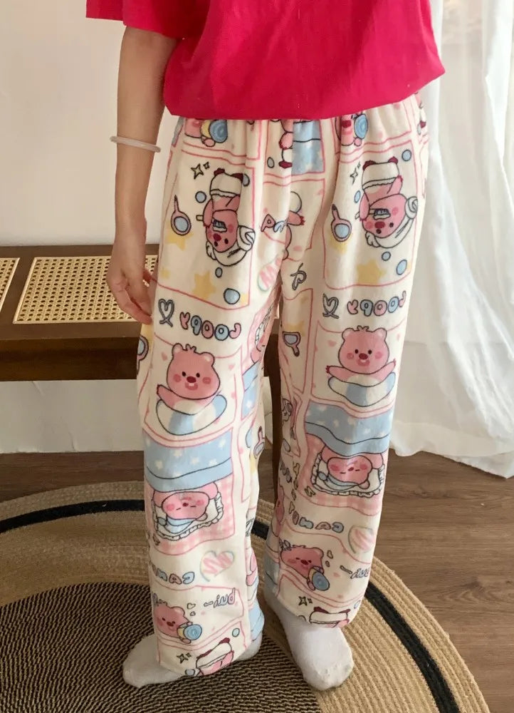 Sanrio Hello Kitty Pajamas Flannel Fashion Trousers Kawaii Women Casual Home Pants Cartoon Warm Comfortable Pants