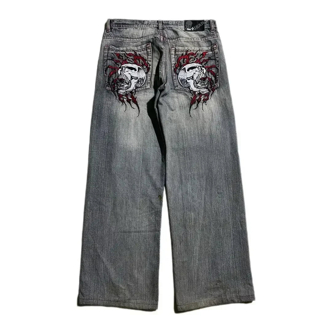 Y2K trendy retro classic pocket skull pattern straight denim trousers summer American Gothic washed wide-leg denim loose pants