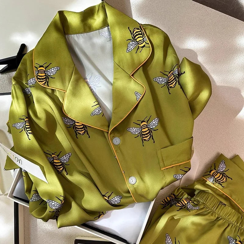 Women's Pajama Set Spring Autumn 2 Piece Pyjama Bee Print Pocket Faux Silk Satin Sleepwear Long Sleeve Pijama Mujer Pjs Homewear