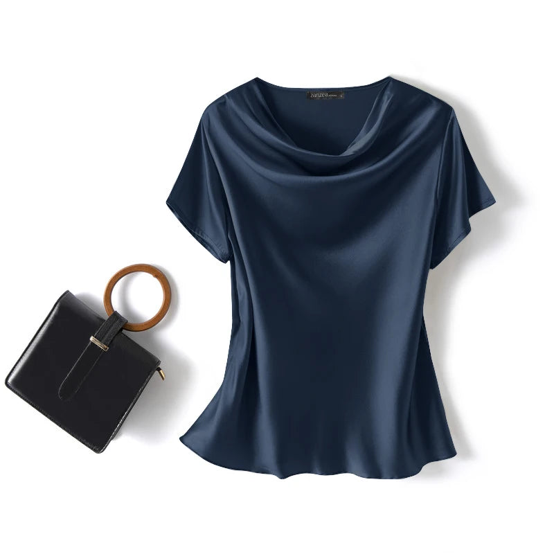 ZANZEA Summer Fashion Satin Blouse Women Short Sleeve Solid Shirt Female Casual OL Work Tunic Tops Elegant Loose Blsuas Oversize