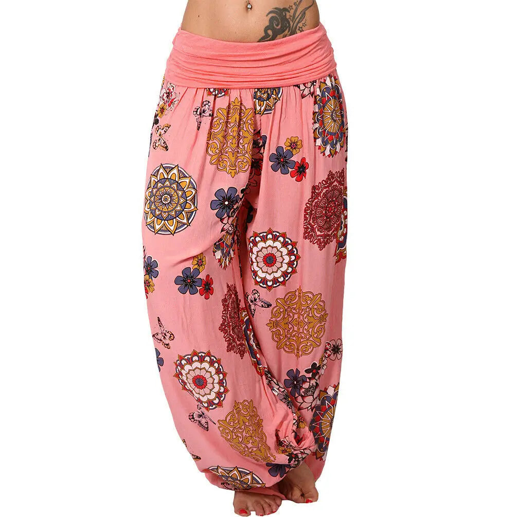 Summer Women's Fashion Floral Print Long Wide Leg Pants Elastic Waist Haren Pants Casual Pants Haren Pants