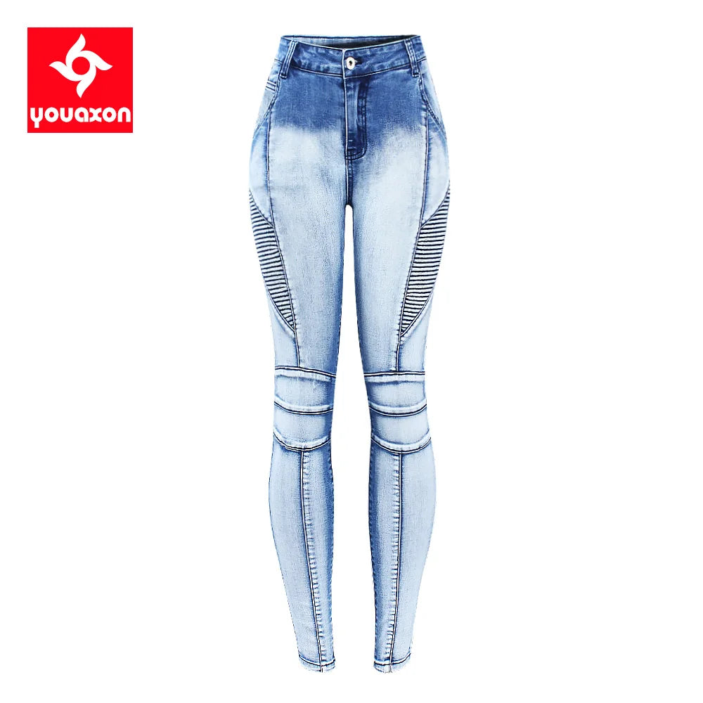 Youaxon Women`s Fashion Motor Biker Style Jeans Mid High Waist Denim Skinny Pants Jeans For Women Clothing Free Shipping