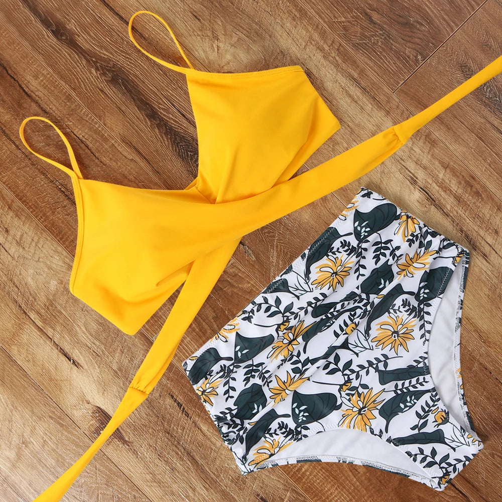 High Waist Sexy Bikini Set Biquini Swimwear Women Two Pieces Swimsuit Floral Beachwear V-Neck Bathing Suits Female
