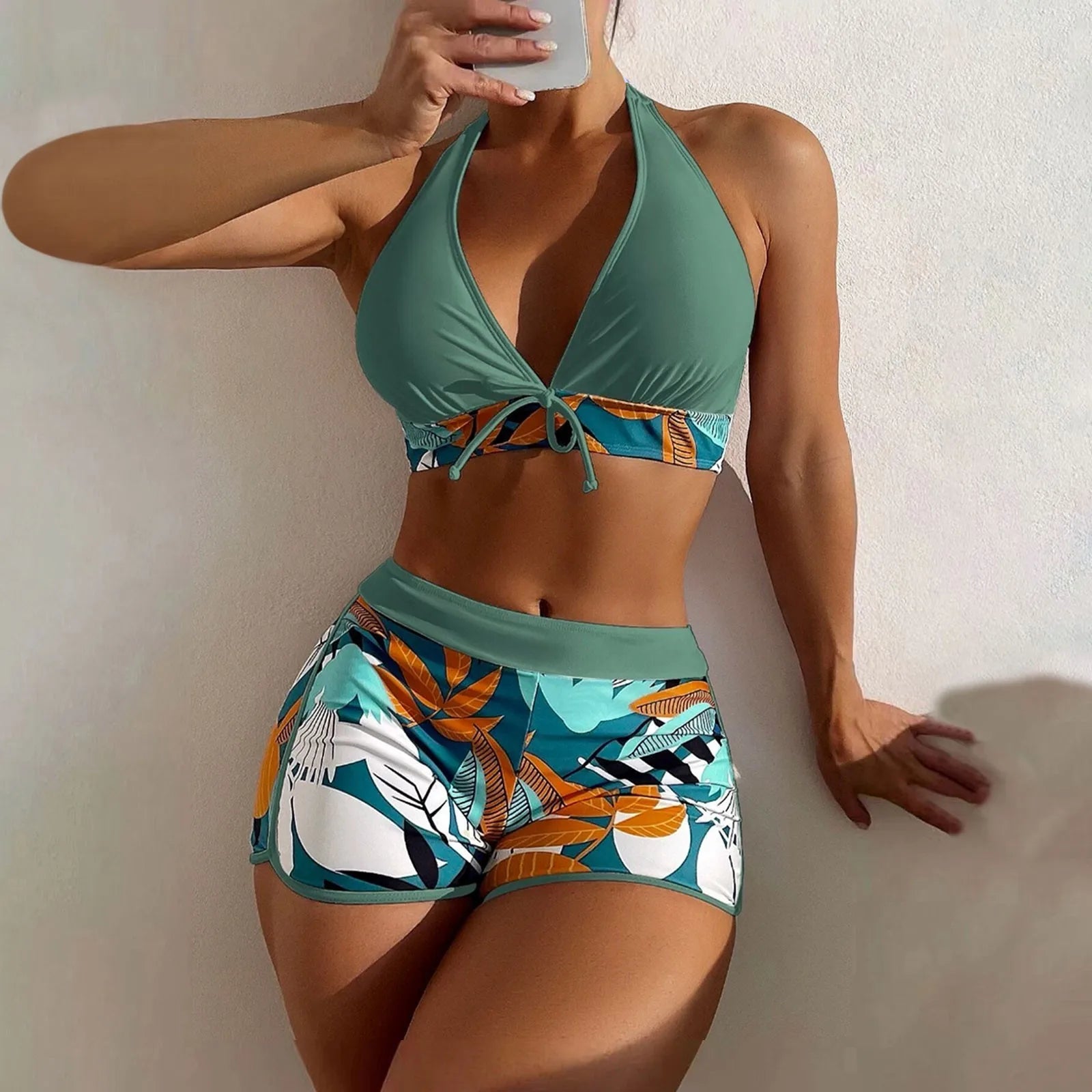 Women's Paneled Printed Swimsuit Ladies Fashion Sexy Split Boxer High Waist Swimsuit Two-Piece Set V-Neck Bathing Suits Female