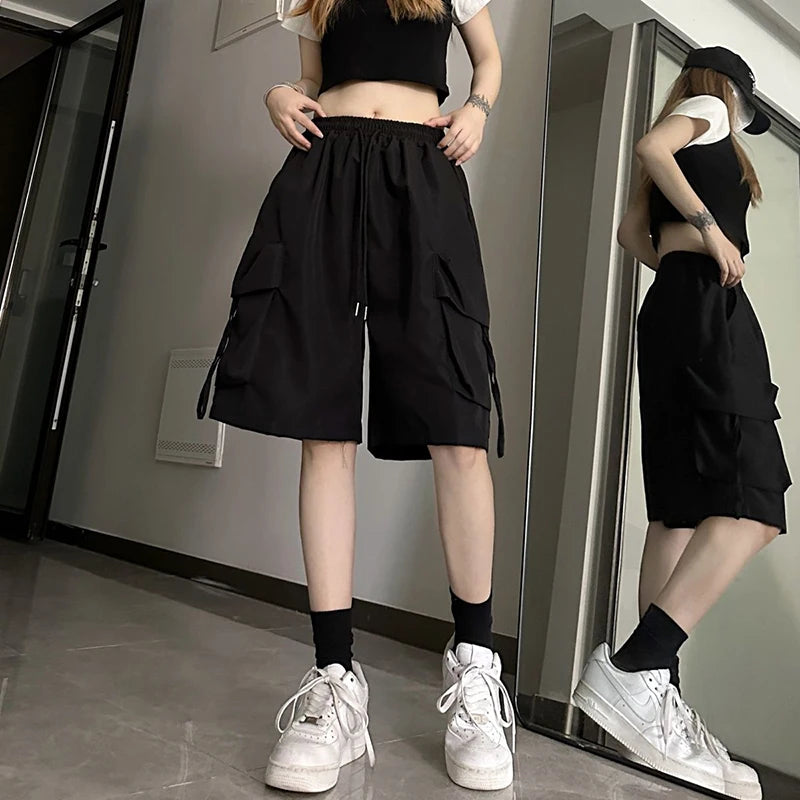 Y2K Cargo Shorts Women Harajuku Black Oversized Wide Leg Shorts Summer Streetwear Fashion High Waist Baggy Short Pants New