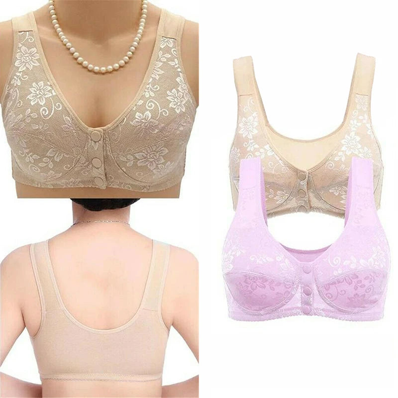 Women Front Button Bra Large Size Brassiere Mother's Cotton Wireless Bras Anti-sagging Gathered Underwear