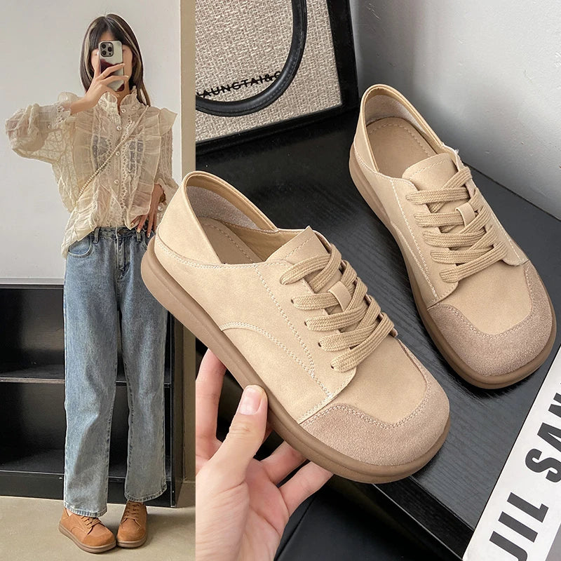 Woman's Winter New Leather Lace Up Plush Warm Flat Sole Cotton Shoe Soft Non Slip Widened Round Toe Shoes