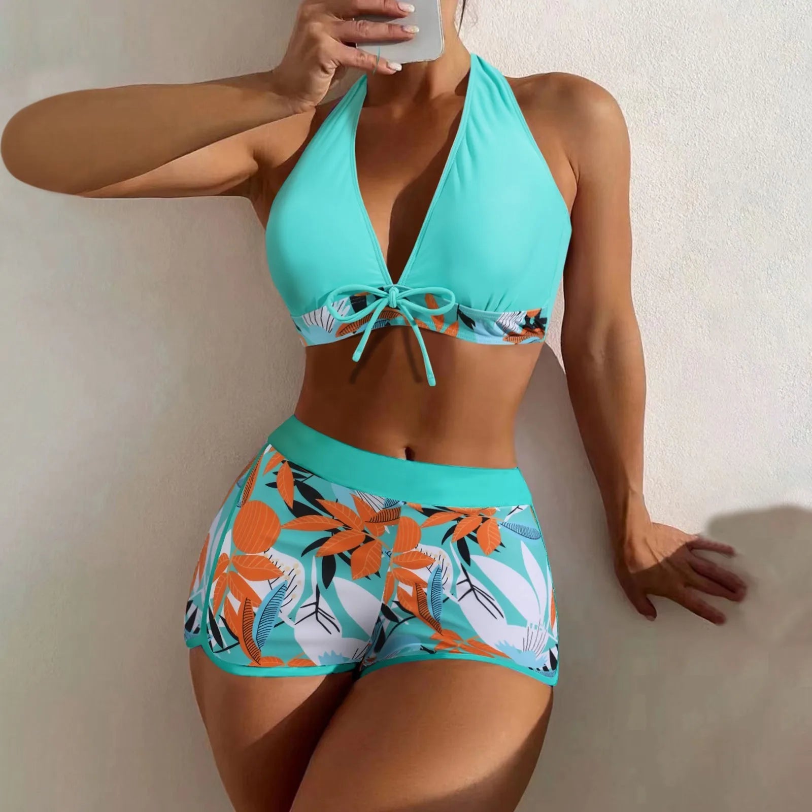 Women's Paneled Printed Swimsuit Ladies Fashion Sexy Split Boxer High Waist Swimsuit Two-Piece Set V-Neck Bathing Suits Female