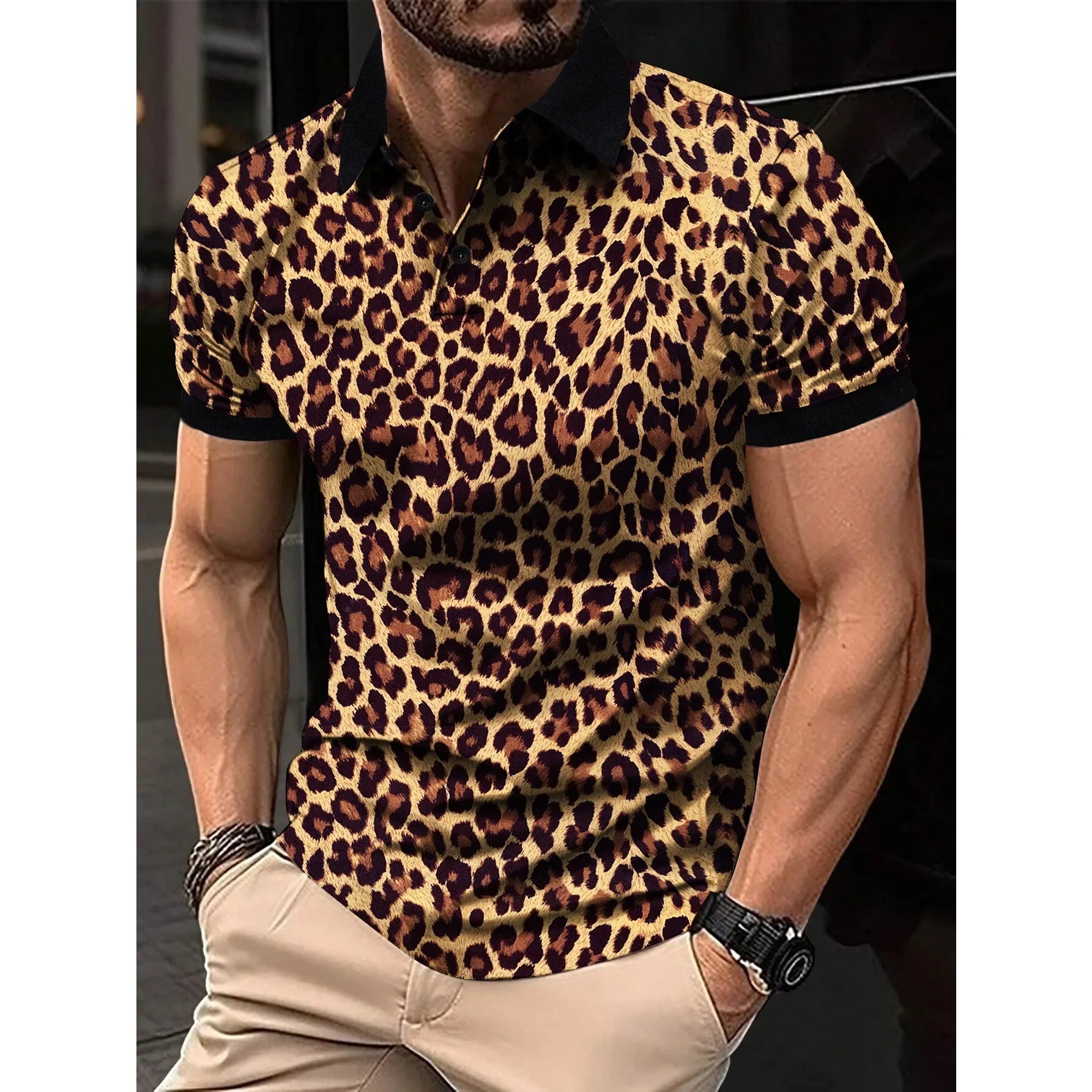 1pc New Men's Fashion T-shirt Leopard Print Short Sleeve Breathable Lapel Men Clothing