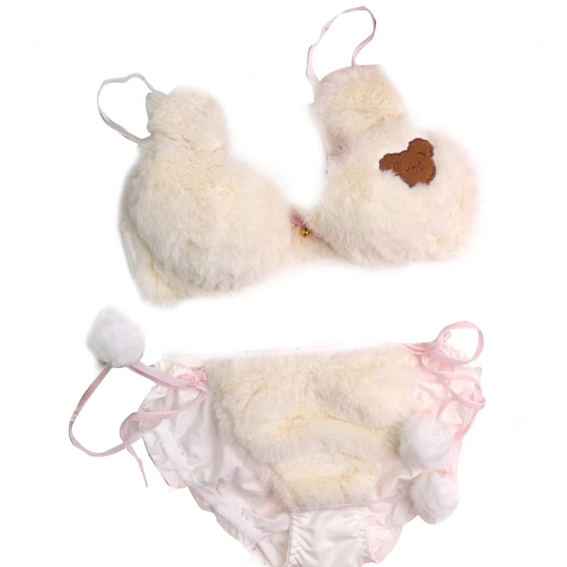 Women's 2Pcs Furry Bra and Panty Set Bear Pattern Fuzzy Plush Wireless Brassiere Underwear Japanese Anime Lingerie
