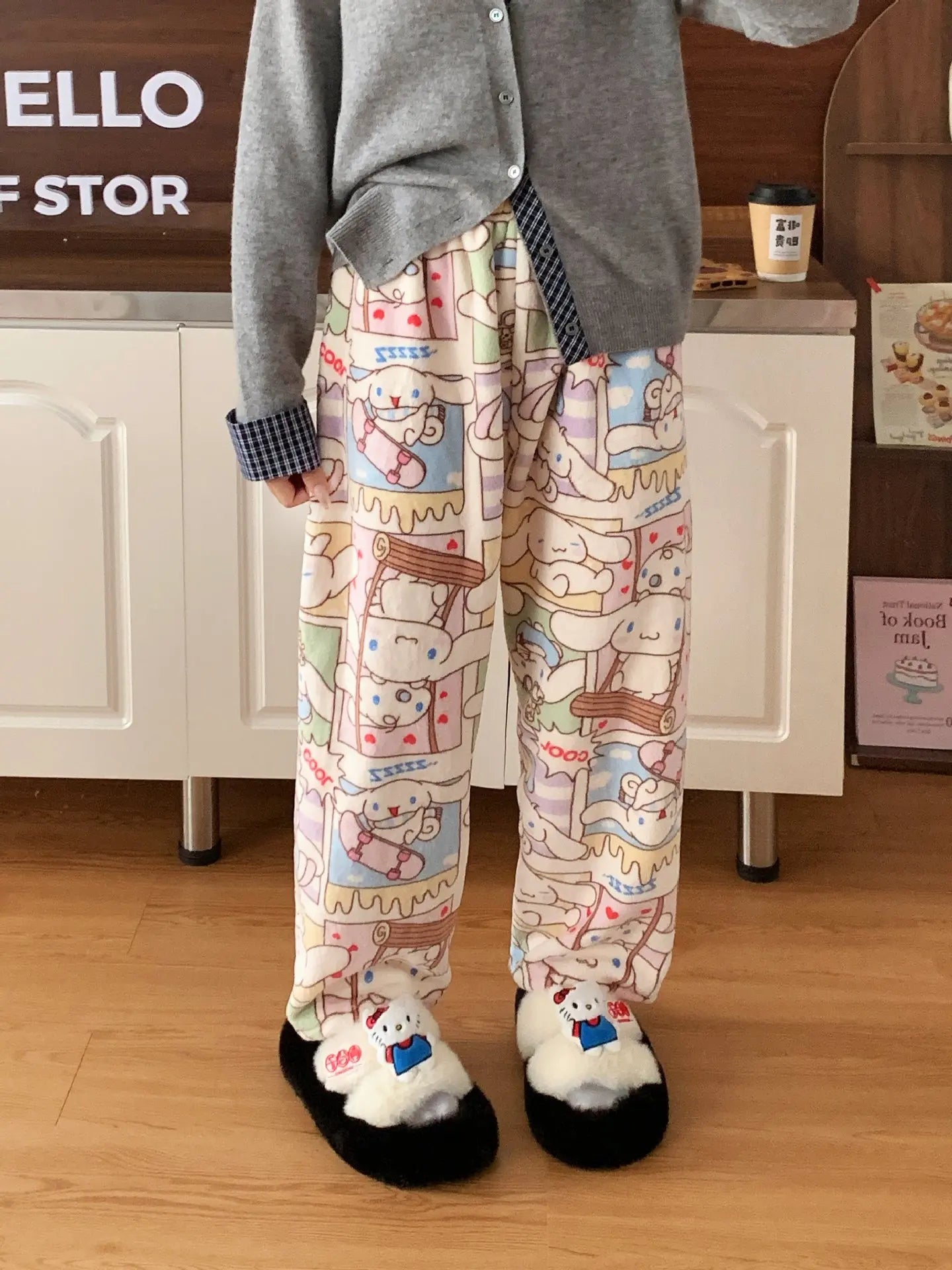 Sanrio Hello Kitty Pajamas Flannel Fashion Trousers Kawaii Women Casual Home Pants Cartoon Warm Comfortable Pants