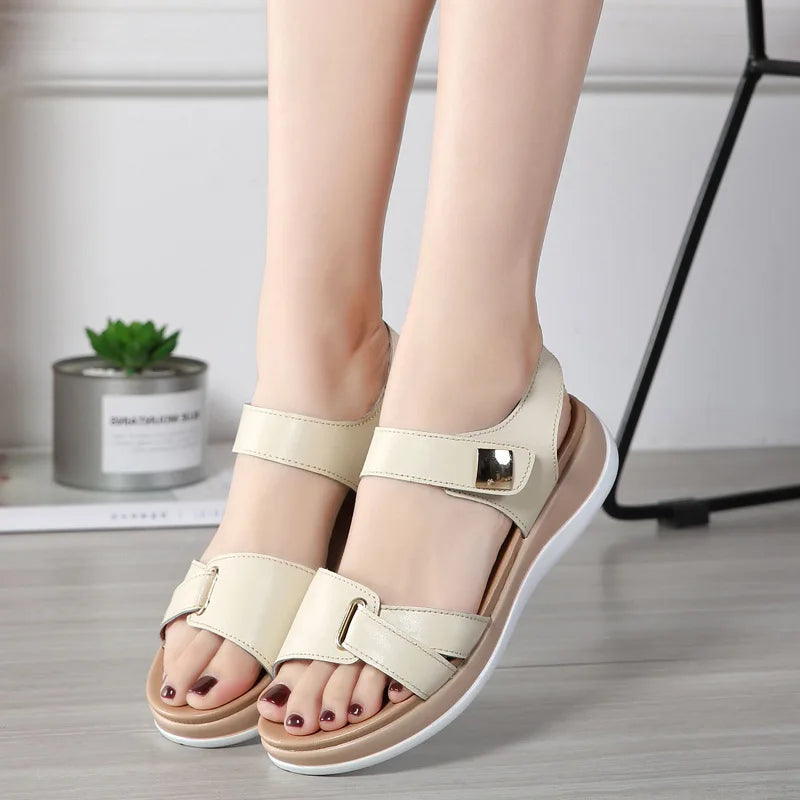 Women Female Ladies Mother Genuine Leather Shoes Sandals Flats Soft Hook Loop Korean Bling Summer Beach Size 35-40