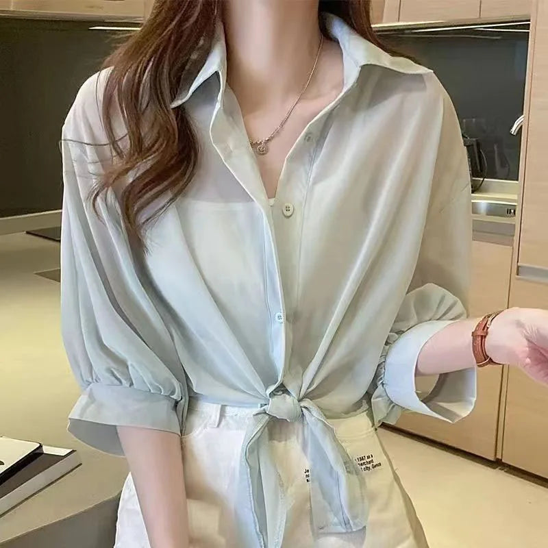 Summer Sun Protection Shirts Ladies Solid Color Tied Waist Half Sleeve Button Blouse Women Casual Loose Chiffon Shirt