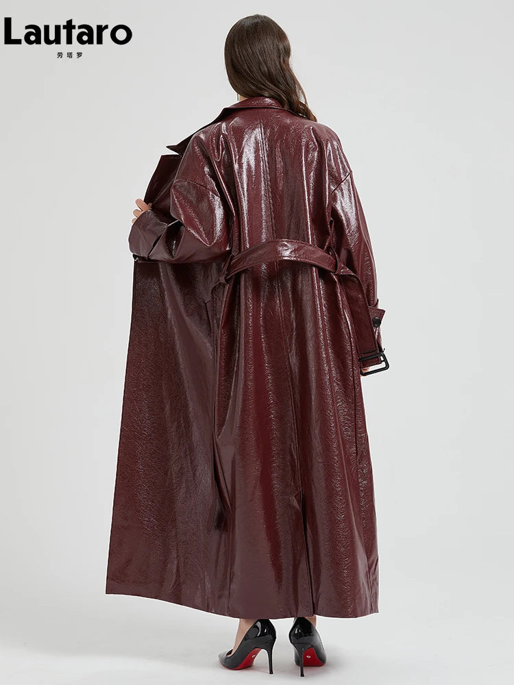 Lautaro Spring Autumn Extra Long Burgundy Pu Leather Trench Coat for Women with Belt Elegant Luxury Designer Maxi Overcoat