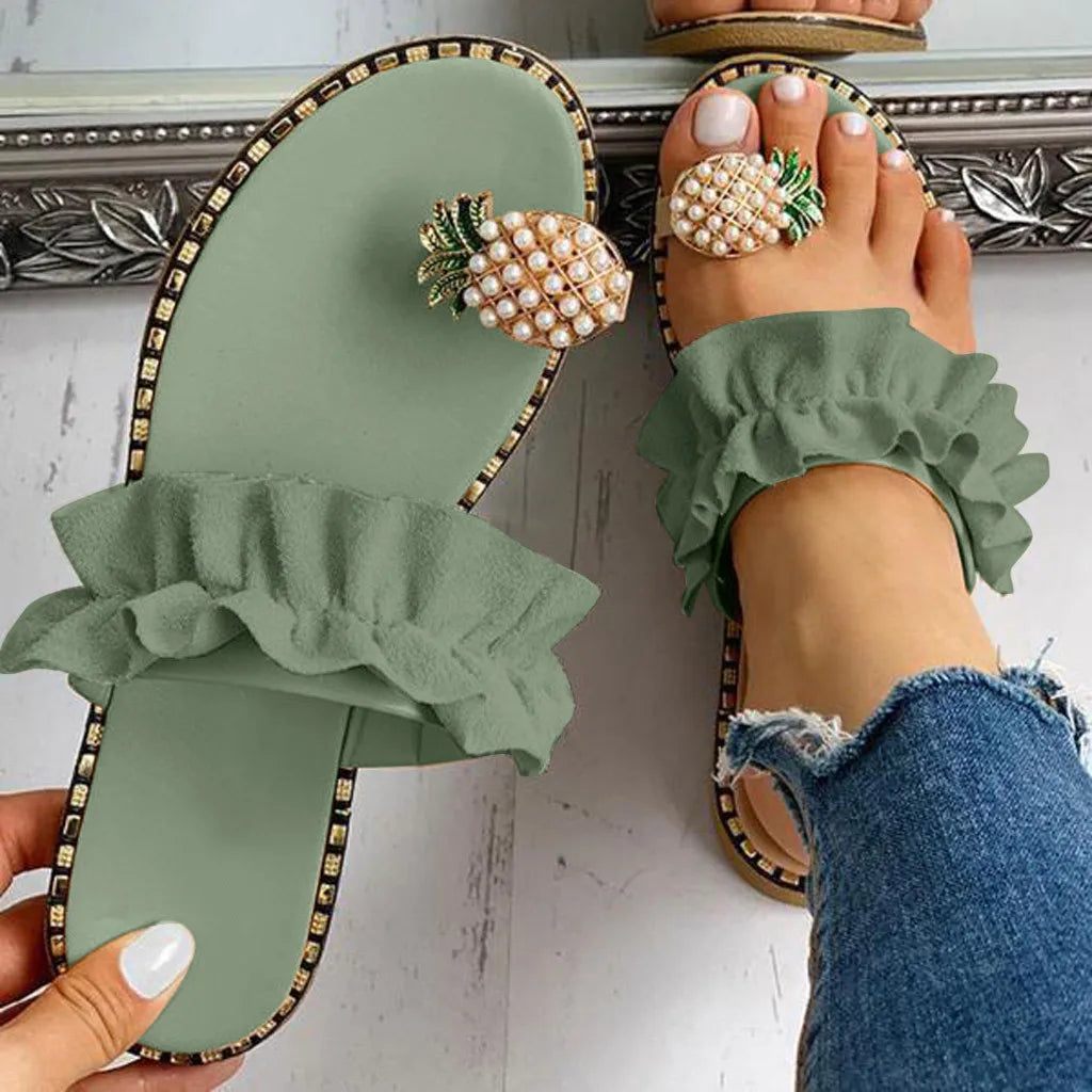Women Slipper Pineapple Pearl Flat Toe Bohemian Summer Beach Sandals Ladies Shoes plus size Mujer Verano