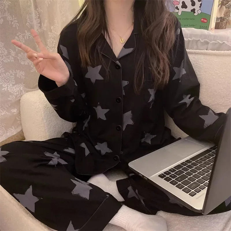 Women's Star Print Pajamas Set Long Sleeve Top And Long Pants Sleepwear 2 Piece Set For Women Autumn Casual Home Loose Pajamas