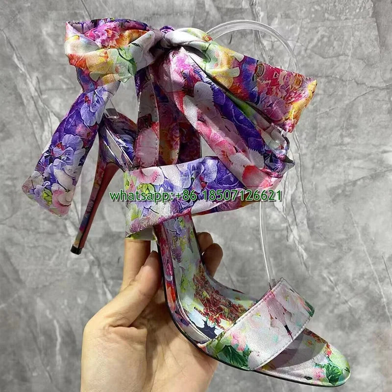 Printed Round Toe Ankle Strap Stiletto High Heels Open Toe Large Size Women's High Heels