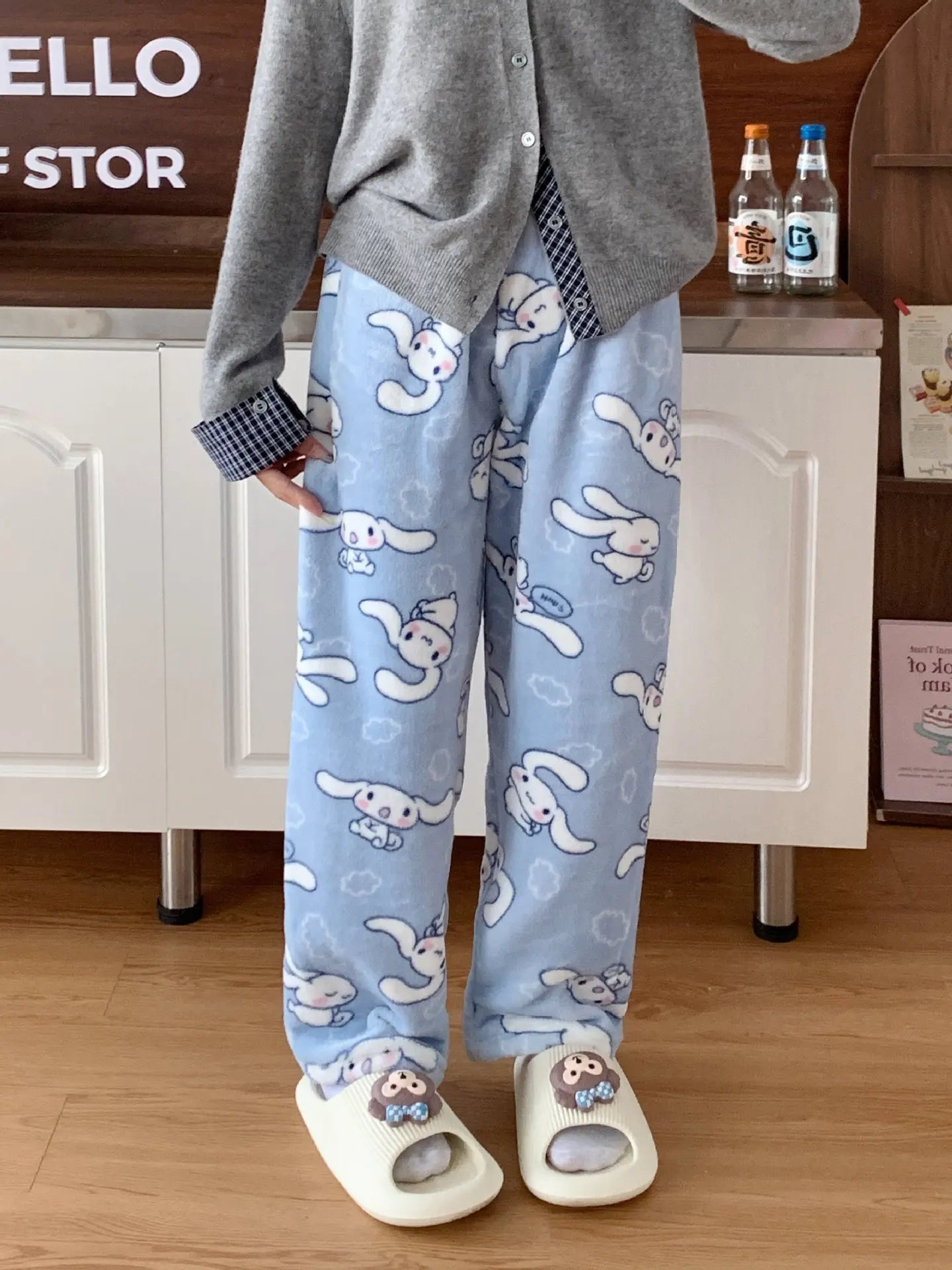 Sanrio Hello Kitty Pajamas Flannel Fashion Trousers Kawaii Women Casual Home Pants Cartoon Warm Comfortable Pants
