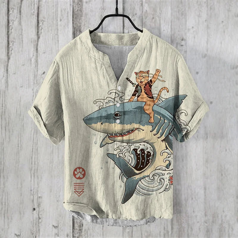 Henry men's casual fashion outdoor seaside men's tops T-shirt V-neck linen new plus size