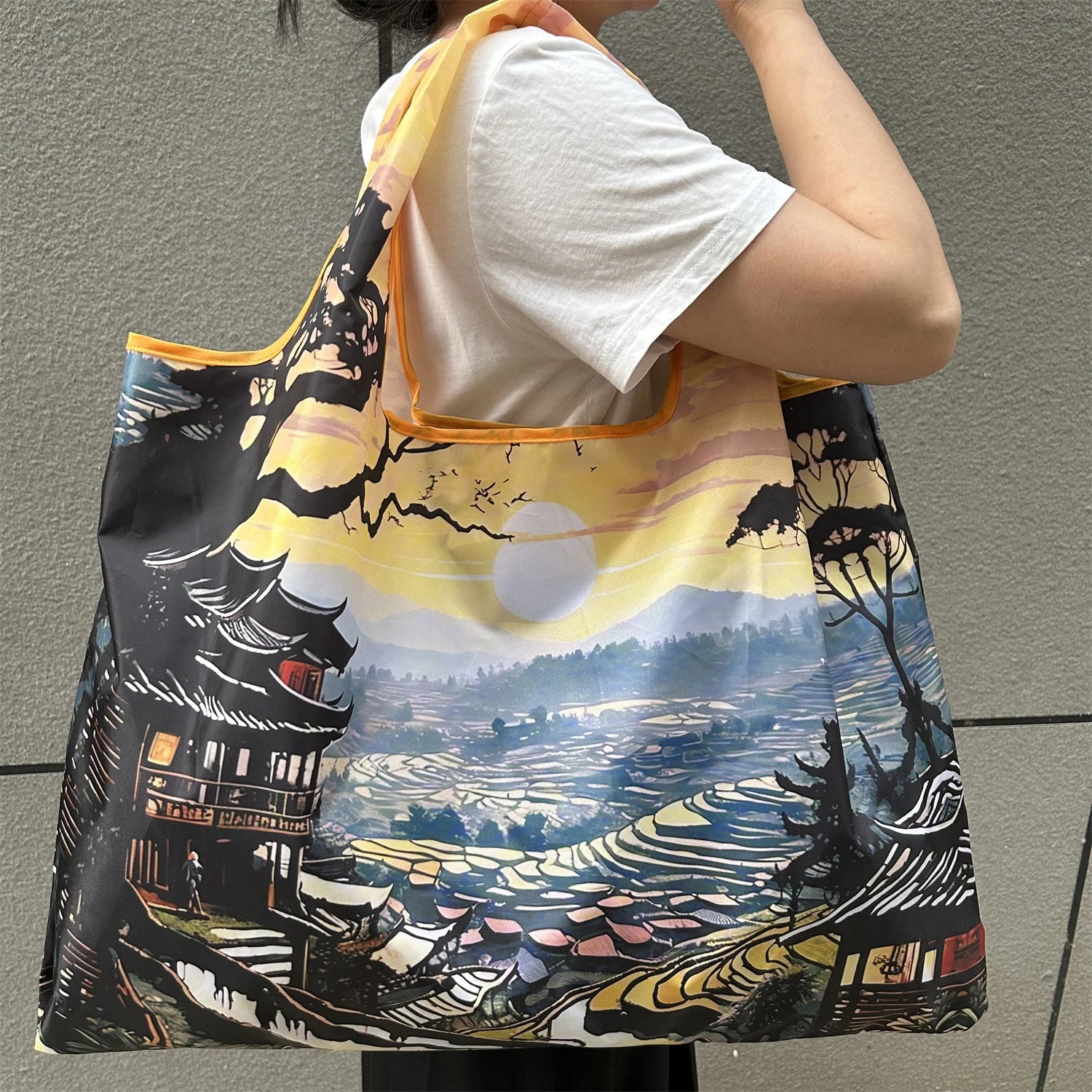 New Fashion Bag Large Foldable Shopping Bag Reusable Grocery Storage Bag Nylon Portable Shoulder Handbag for Travel Pocket Tote