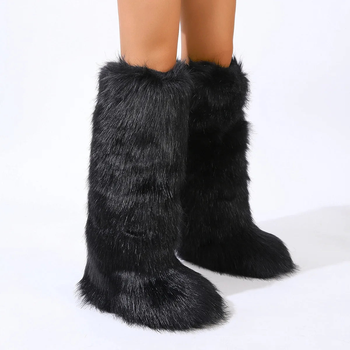 Women Winter Thigh High Fluffy Boots Ladies Furry Faux Fox Fur Long Warm Shoes girls New Designer Plush Knee High Fur Boots