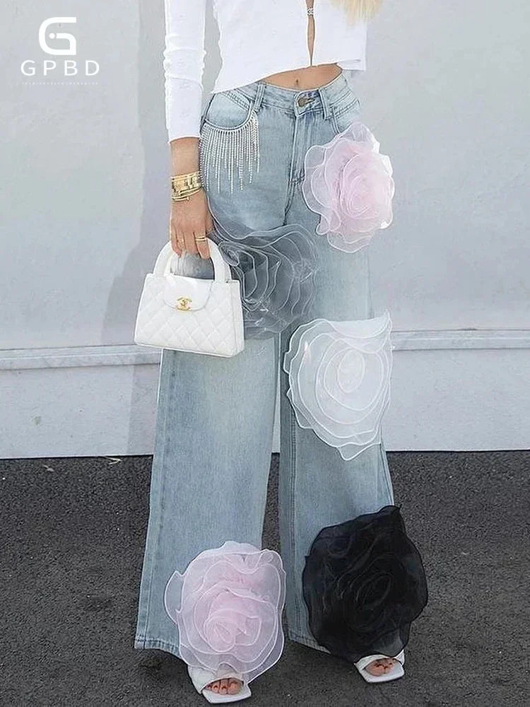 GPBD Y2K New Jeans Fashion 3D Flowers Appliques Female High Waisted Jeans Women’s Loose Straight Denims Couple Street wear